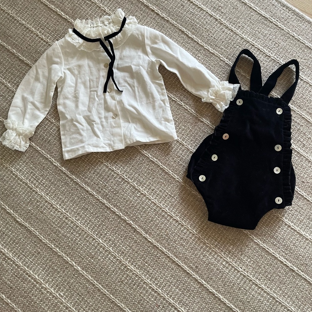 Like New Baby Lai White Ruffled Blouse and Black Velvet Romper Set Sz 12M